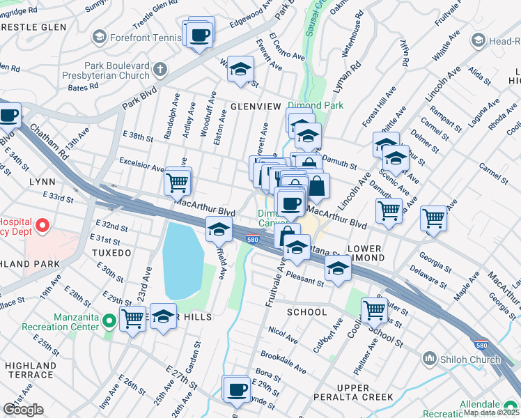 map of restaurants, bars, coffee shops, grocery stores, and more near 3414 Adell Court in Oakland