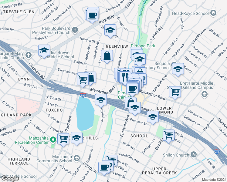 map of restaurants, bars, coffee shops, grocery stores, and more near 3458 Morrison Avenue in Oakland