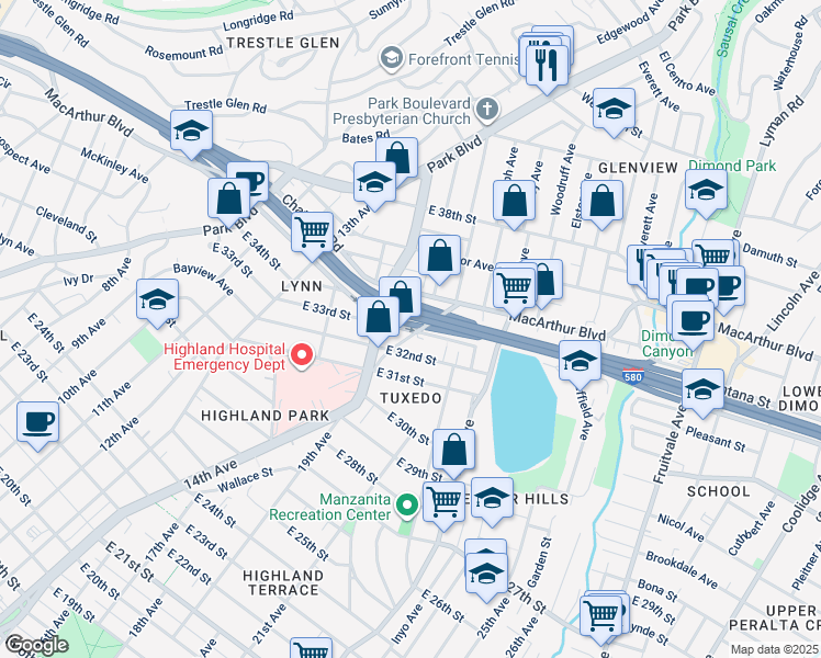 map of restaurants, bars, coffee shops, grocery stores, and more near 3232 14th Avenue in Oakland