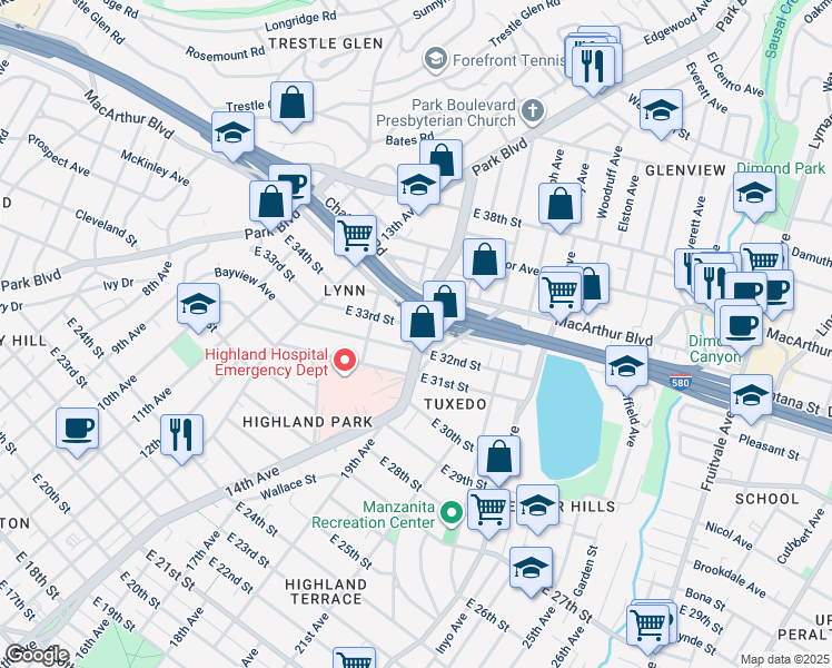 map of restaurants, bars, coffee shops, grocery stores, and more near 1513 East 33rd Street in Oakland