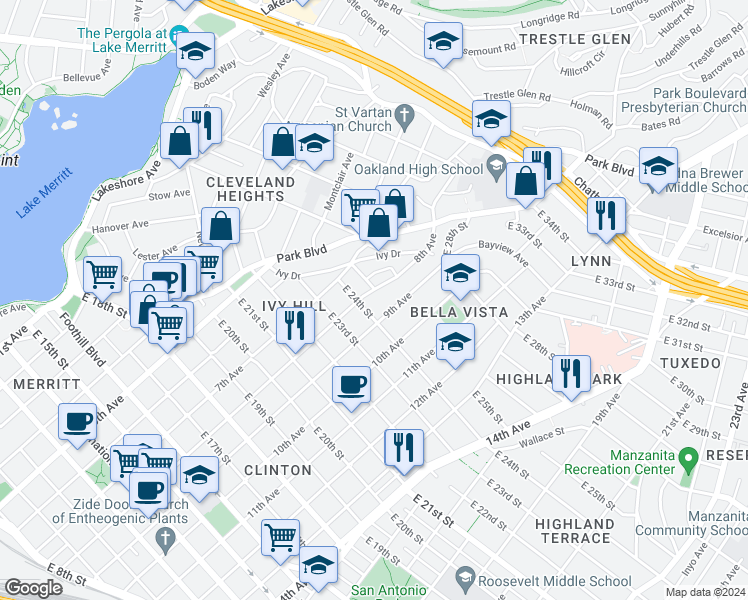 map of restaurants, bars, coffee shops, grocery stores, and more near 2429 9th Avenue in Oakland