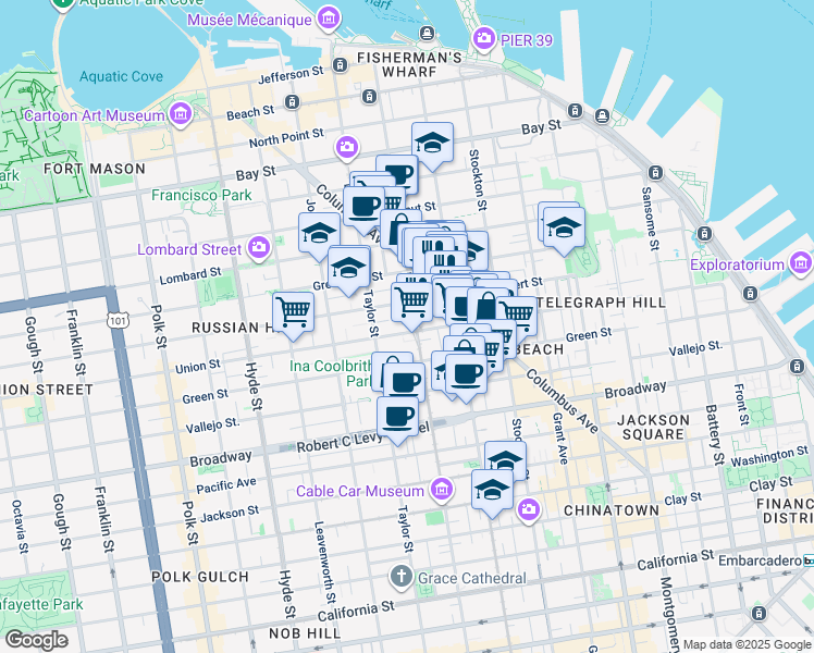 map of restaurants, bars, coffee shops, grocery stores, and more near 862 Union Street in San Francisco
