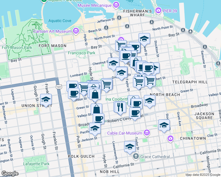 map of restaurants, bars, coffee shops, grocery stores, and more near 1041 Filbert Street in San Francisco