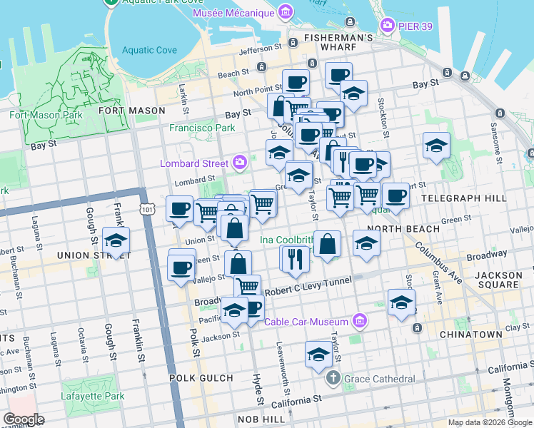 map of restaurants, bars, coffee shops, grocery stores, and more near in San Francisco