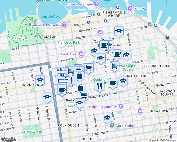 map of restaurants, bars, coffee shops, grocery stores, and more near 14A Havens Street in San Francisco