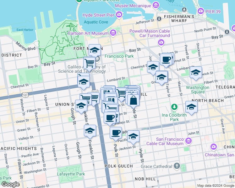 map of restaurants, bars, coffee shops, grocery stores, and more near in San Francisco
