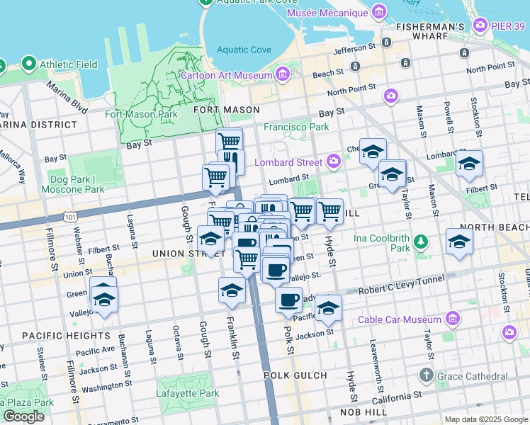 map of restaurants, bars, coffee shops, grocery stores, and more near 2512 Polk Street in San Francisco