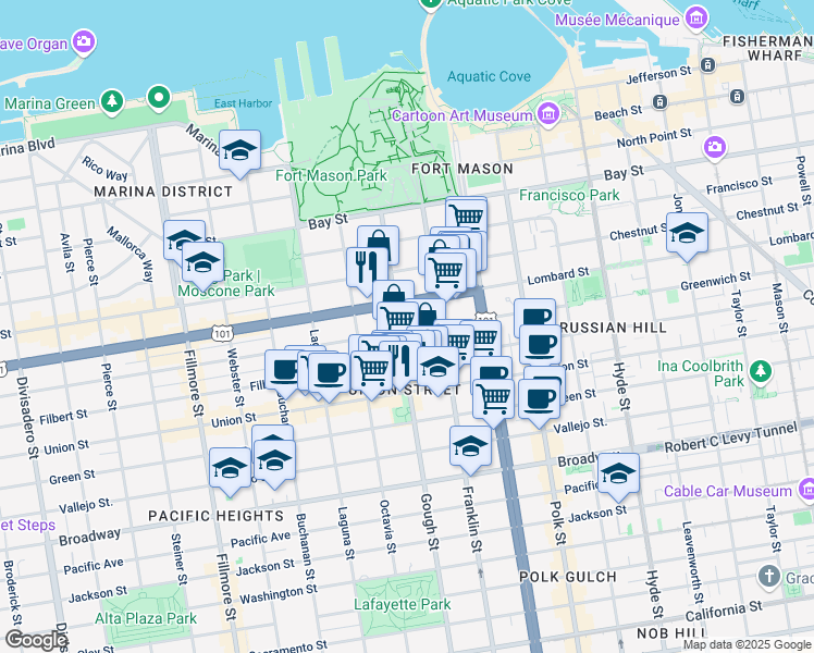 map of restaurants, bars, coffee shops, grocery stores, and more near 1661 Greenwich Street in San Francisco