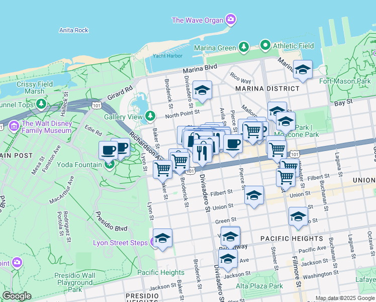 map of restaurants, bars, coffee shops, grocery stores, and more near 2430 Chestnut Street in San Francisco