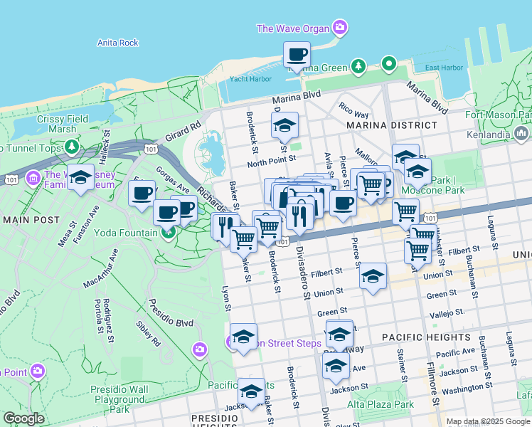 map of restaurants, bars, coffee shops, grocery stores, and more near 2534 Chestnut Street in San Francisco