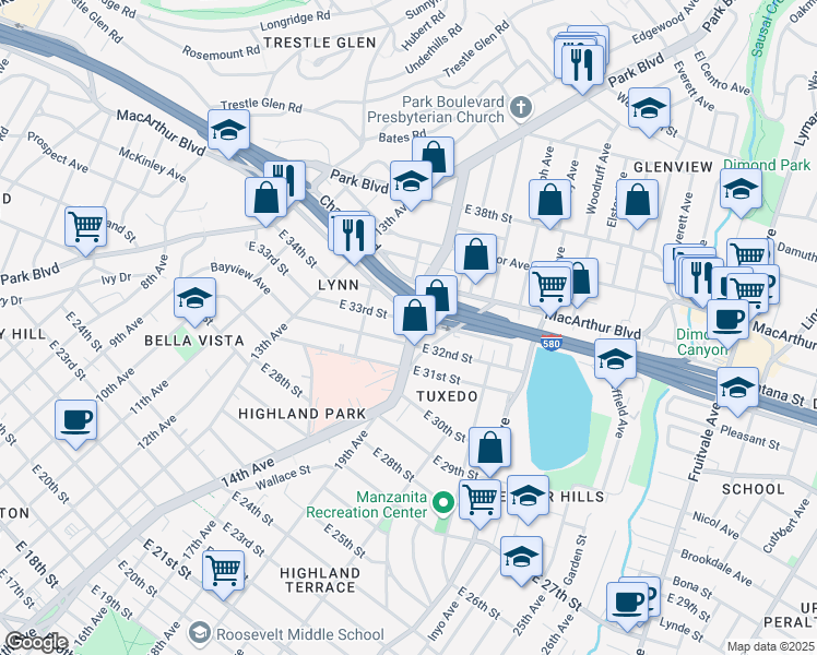 map of restaurants, bars, coffee shops, grocery stores, and more near 3225 Beaumont Avenue in Oakland