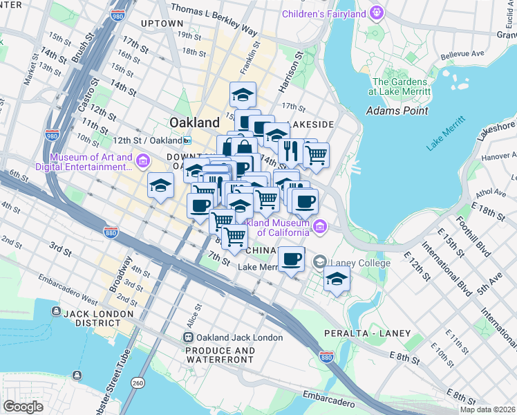 map of restaurants, bars, coffee shops, grocery stores, and more near  in Oakland