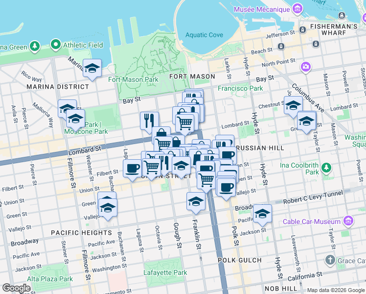 map of restaurants, bars, coffee shops, grocery stores, and more near Franklin Street & Greenwich Street in San Francisco