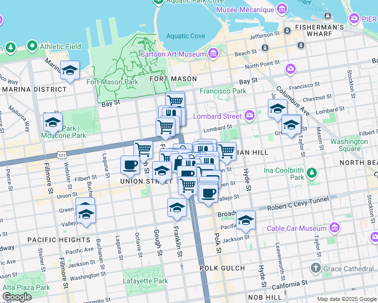 map of restaurants, bars, coffee shops, grocery stores, and more near 2656 Van Ness Avenue in San Francisco