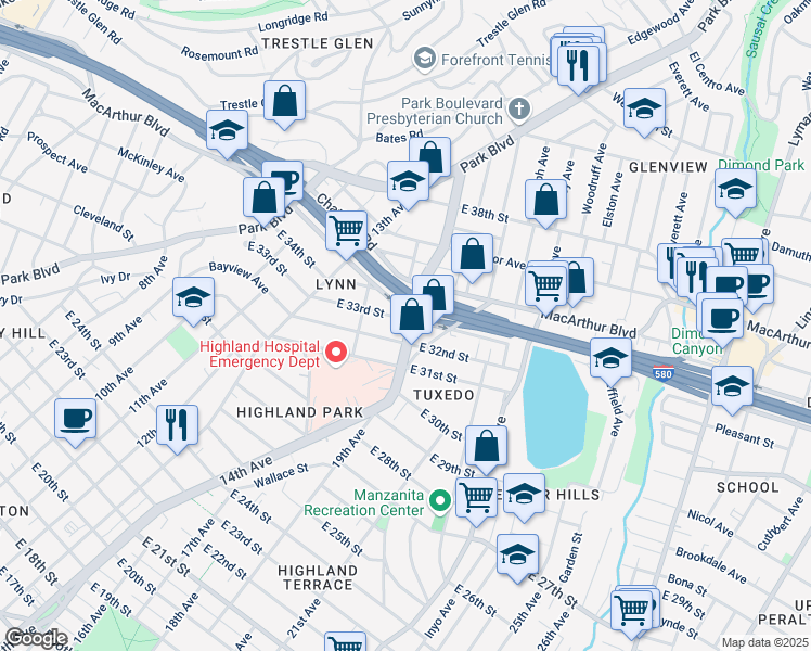 map of restaurants, bars, coffee shops, grocery stores, and more near 3225 Beaumont Avenue in Oakland