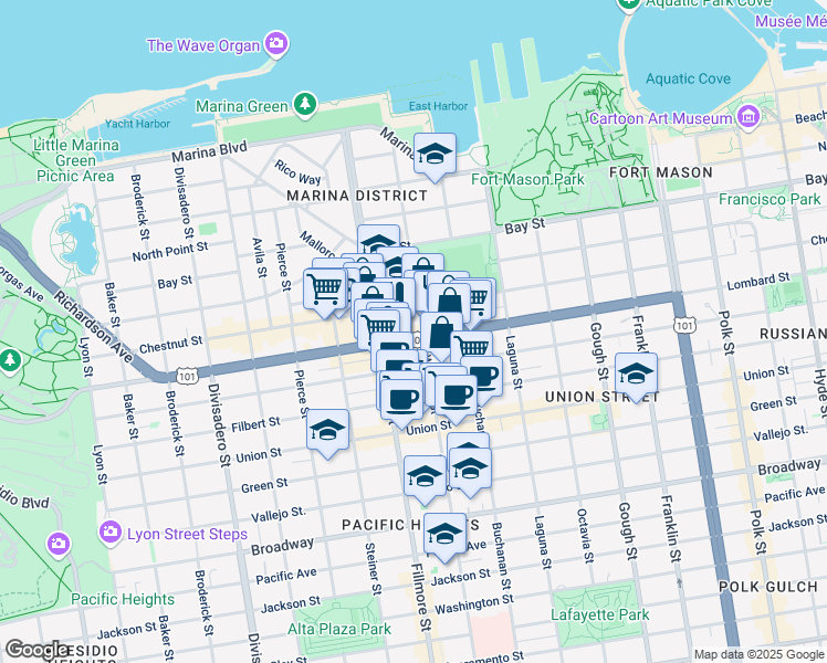 map of restaurants, bars, coffee shops, grocery stores, and more near 2020 Lombard Street in San Francisco