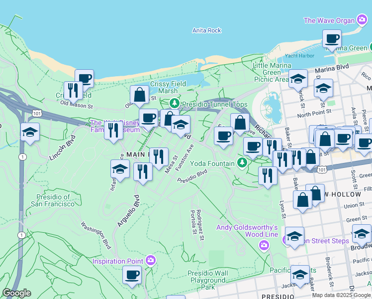 map of restaurants, bars, coffee shops, grocery stores, and more near 3 Funston Avenue in San Francisco