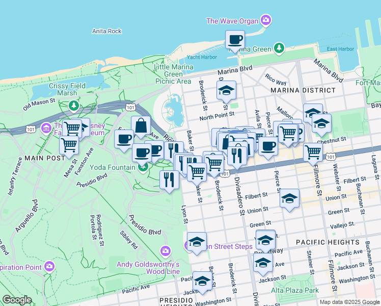 map of restaurants, bars, coffee shops, grocery stores, and more near 3157 Baker Street in San Francisco