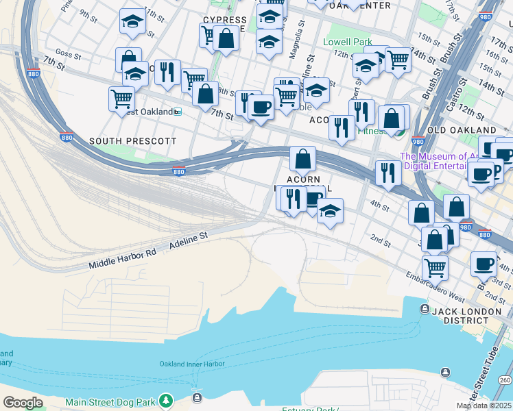 map of restaurants, bars, coffee shops, grocery stores, and more near 2 Magnolia Street in Oakland
