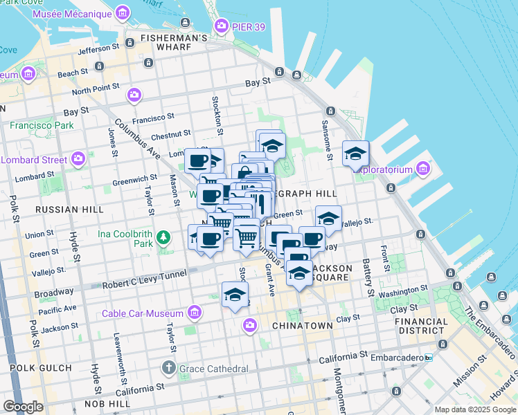 map of restaurants, bars, coffee shops, grocery stores, and more near Grant Avenue in San Francisco