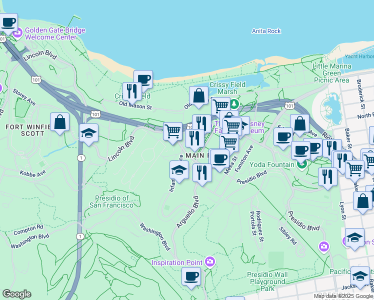 map of restaurants, bars, coffee shops, grocery stores, and more near 101 Taylor Road in San Francisco