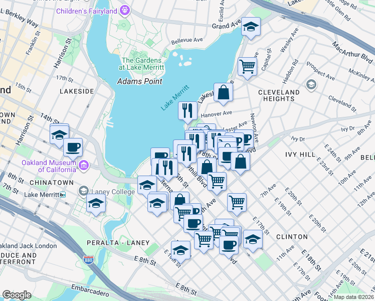 map of restaurants, bars, coffee shops, grocery stores, and more near 1750 Lakeshore Avenue in Oakland
