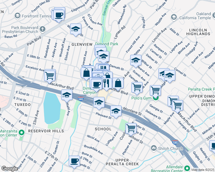 map of restaurants, bars, coffee shops, grocery stores, and more near 3483 Champion Street in Oakland