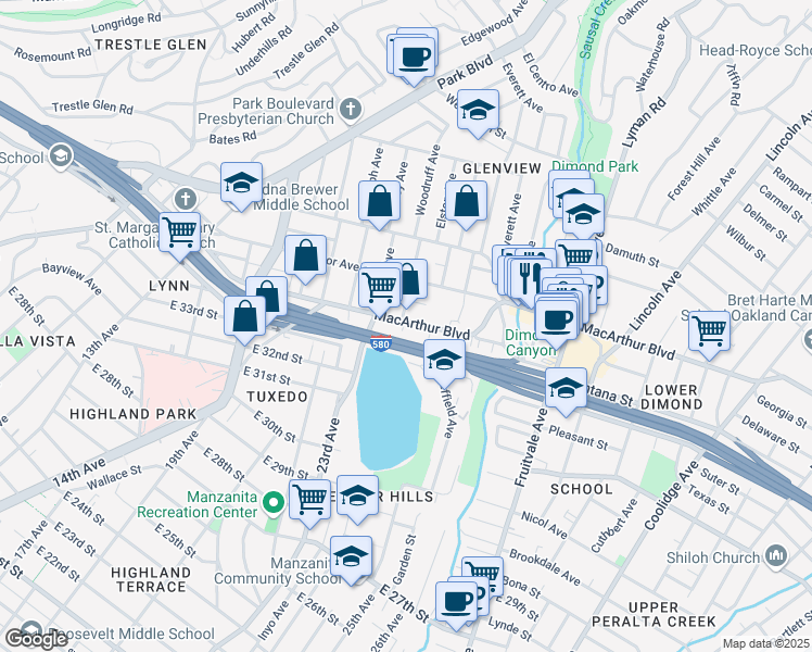 map of restaurants, bars, coffee shops, grocery stores, and more near 3496 Woodruff Avenue in Oakland