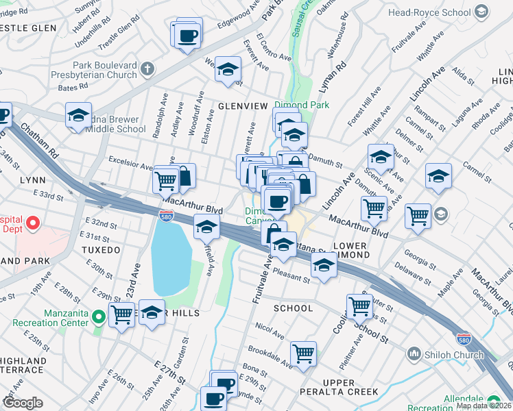 map of restaurants, bars, coffee shops, grocery stores, and more near 3435 Dimond Avenue in Oakland