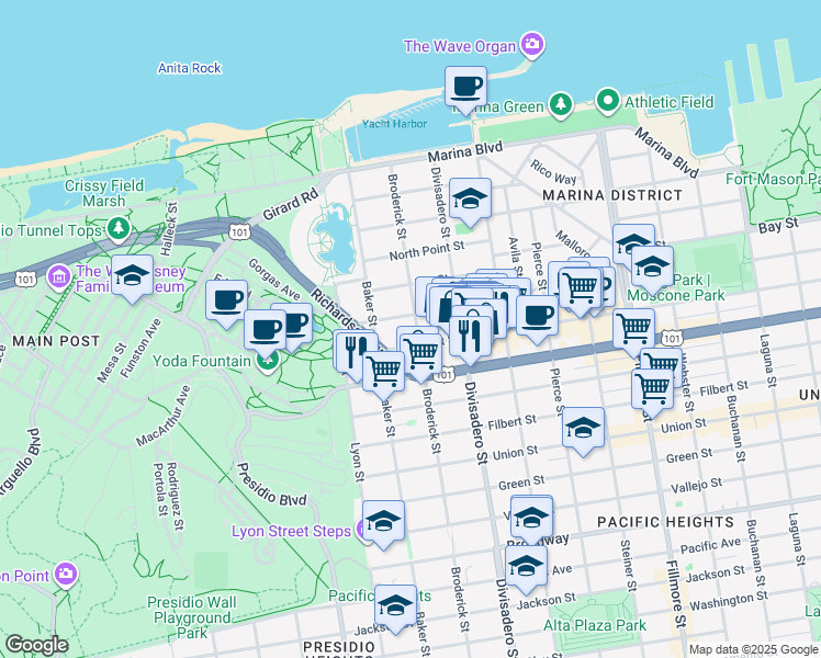 map of restaurants, bars, coffee shops, grocery stores, and more near 3239 Broderick Street in San Francisco