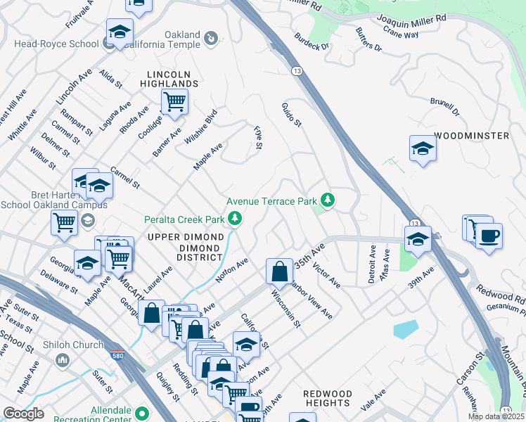 map of restaurants, bars, coffee shops, grocery stores, and more near 4133 Norton Avenue in Oakland