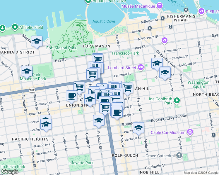 map of restaurants, bars, coffee shops, grocery stores, and more near 1445 Greenwich Street in San Francisco