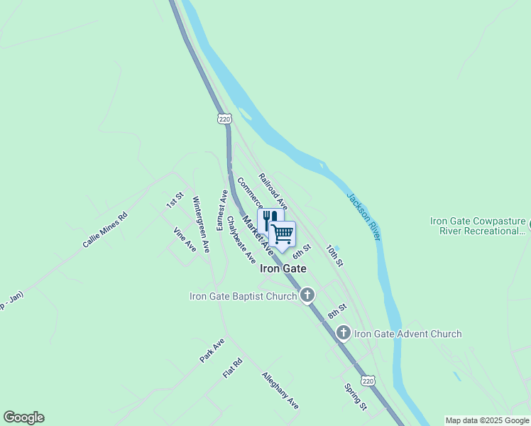 map of restaurants, bars, coffee shops, grocery stores, and more near 4th Street in Iron Gate