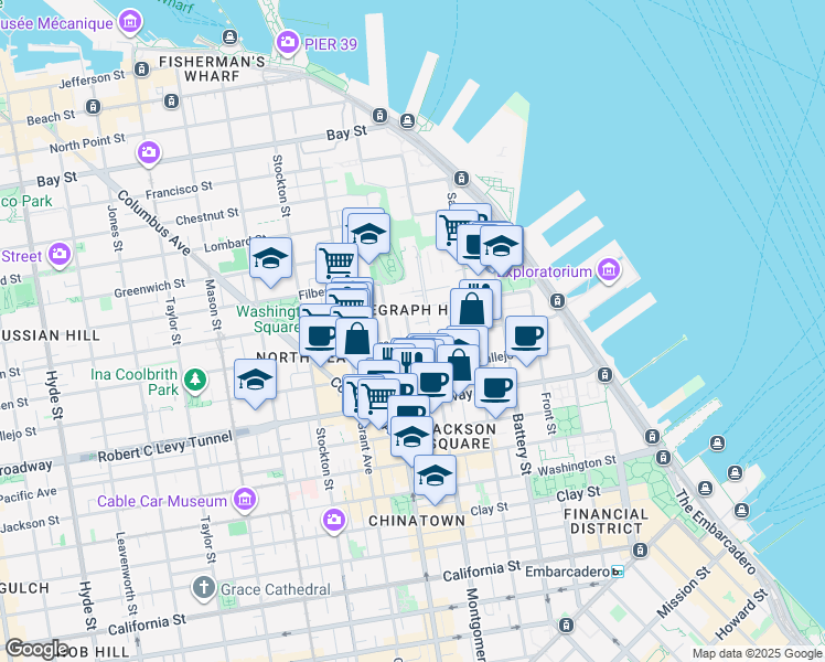 map of restaurants, bars, coffee shops, grocery stores, and more near 305 Green Street in San Francisco