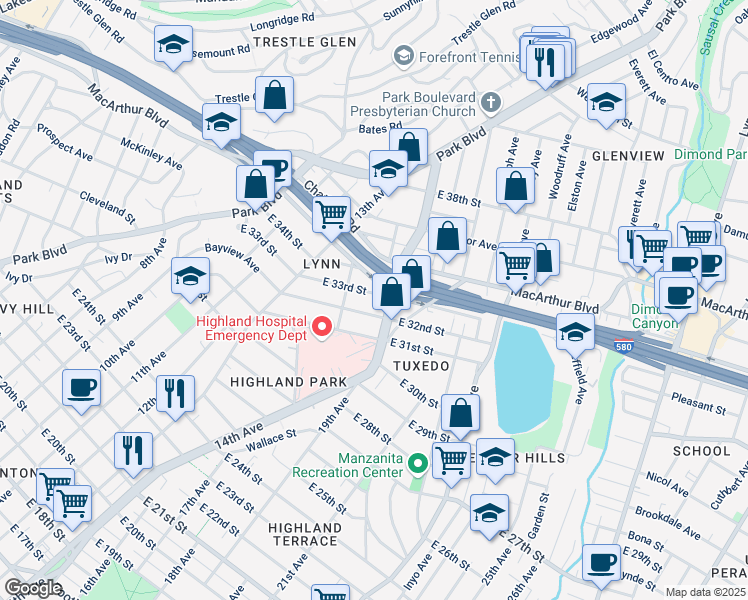 map of restaurants, bars, coffee shops, grocery stores, and more near 1449 East 33rd Street in Oakland