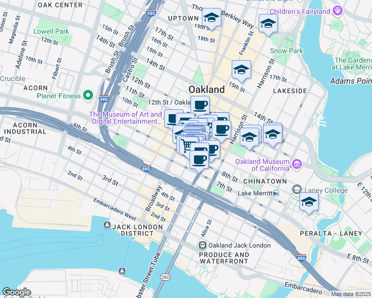 map of restaurants, bars, coffee shops, grocery stores, and more near 801 Franklin Street in Oakland