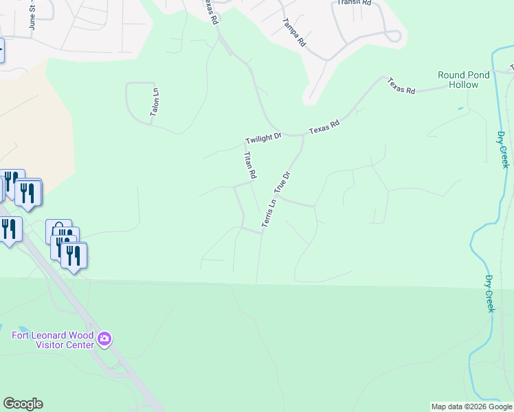 map of restaurants, bars, coffee shops, grocery stores, and more near 24577 Topaz Lane in St. Robert