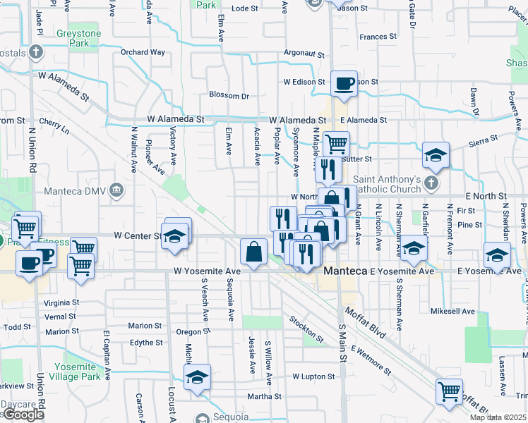 map of restaurants, bars, coffee shops, grocery stores, and more near 222 Acacia Avenue in Manteca