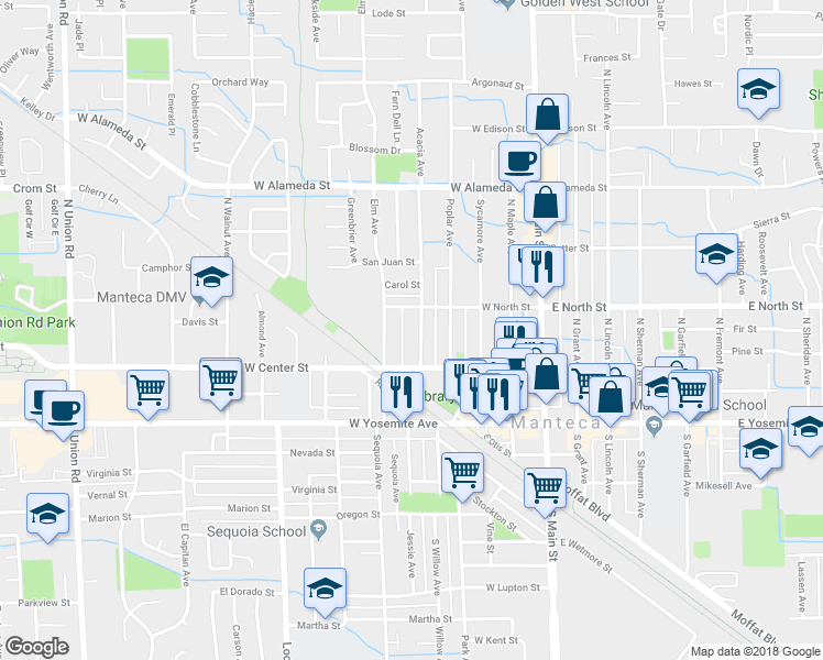 map of restaurants, bars, coffee shops, grocery stores, and more near 222 Acacia Avenue in Manteca