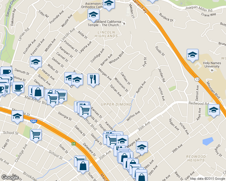 map of restaurants, bars, coffee shops, grocery stores, and more near 3057 Sylvan Avenue in Oakland