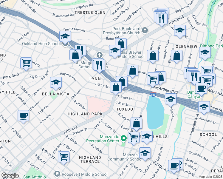 map of restaurants, bars, coffee shops, grocery stores, and more near 1513 East 33rd Street in Oakland
