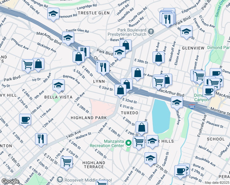map of restaurants, bars, coffee shops, grocery stores, and more near 1430 East 32nd Street in Oakland