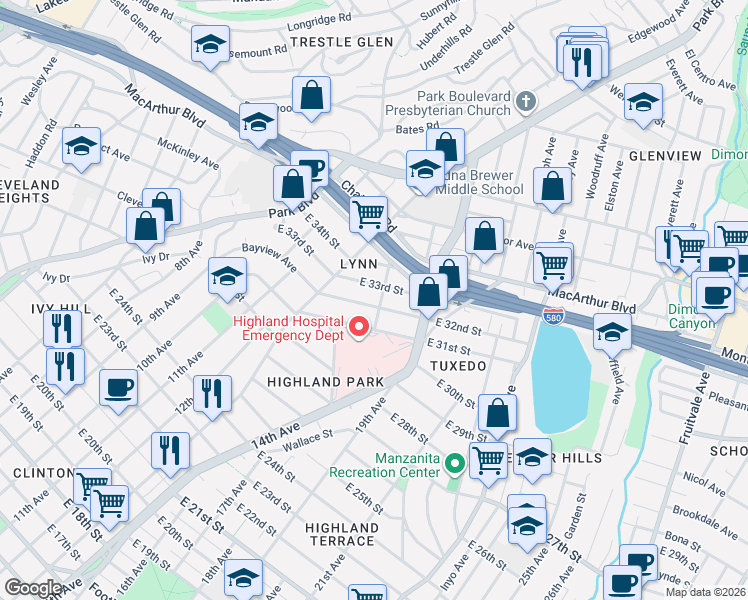 map of restaurants, bars, coffee shops, grocery stores, and more near 1373 East 32nd Street in Oakland