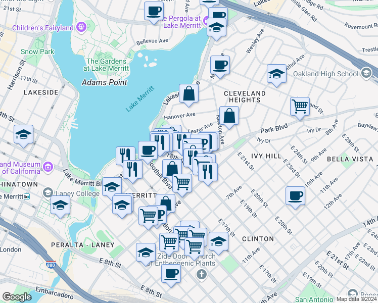 map of restaurants, bars, coffee shops, grocery stores, and more near 1815 3rd Avenue in Oakland