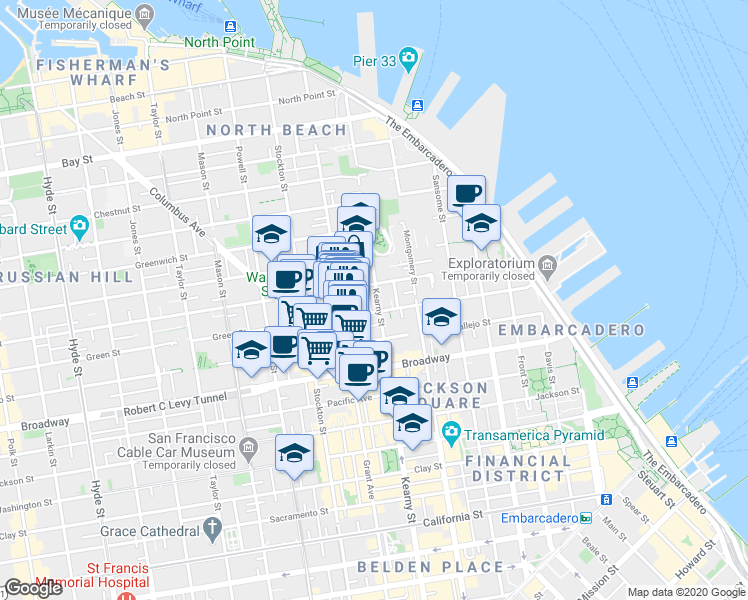 map of restaurants, bars, coffee shops, grocery stores, and more near 1309 Kearny Street in San Francisco