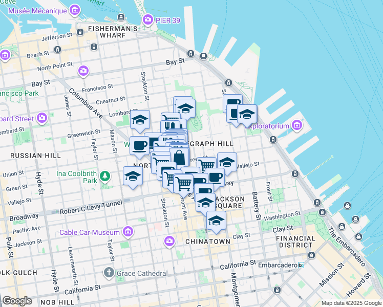 map of restaurants, bars, coffee shops, grocery stores, and more near 1309 Kearny Street in San Francisco