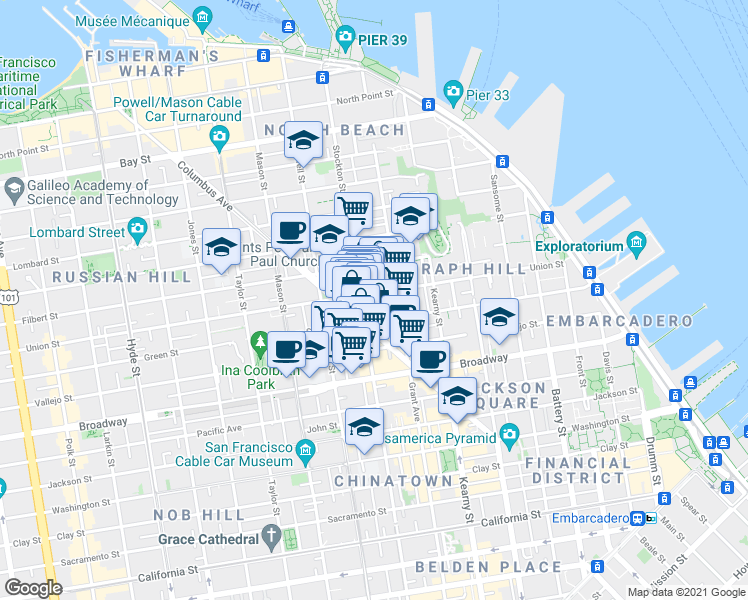 map of restaurants, bars, coffee shops, grocery stores, and more near 501 Columbus Avenue in San Francisco
