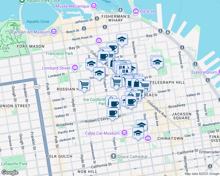 map of restaurants, bars, coffee shops, grocery stores, and more near 862 Union Street in San Francisco