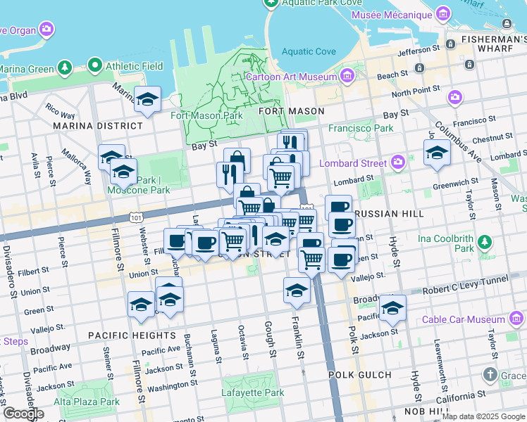 map of restaurants, bars, coffee shops, grocery stores, and more near 1661 Greenwich Street in San Francisco