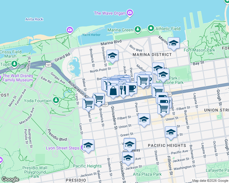 map of restaurants, bars, coffee shops, grocery stores, and more near 2355 Chestnut Street in San Francisco